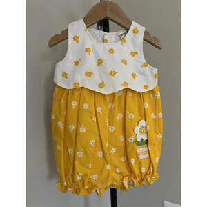 Vintage Baby Tags Yellow Textured Knit Floral Daisy Appliqué Jumpsuit - 12-18M
